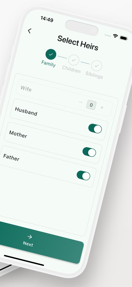 Faraid calculator app screen for selecting heirs